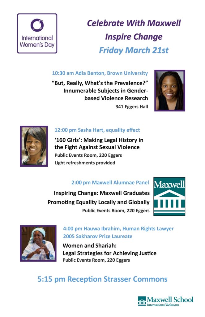 Poster about International Women's day at the Maxwell School on March 14, 2014